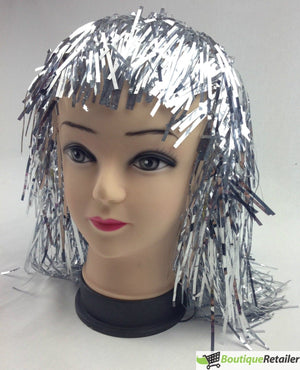 Tinsel Metallic Wig 70s 50s 20s Costume Mens Womens Unisex Disco Fancy Dress Up - Silver