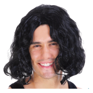 MENS WAVY WIG Curly Long Hair Disco Punk Rock Party Costume 60s 70s - Black