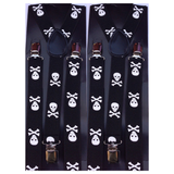 2x Mens Suspenders Braces Adjustable Strong Clip On Elastic Formal Wedding Slim - Black with White Skulls