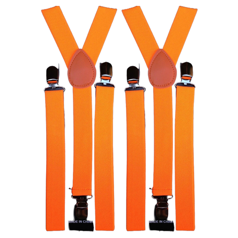 2x Mens Suspenders Braces Adjustable Strong Clip On Elastic Formal Wedding Slim - Fluro Orange