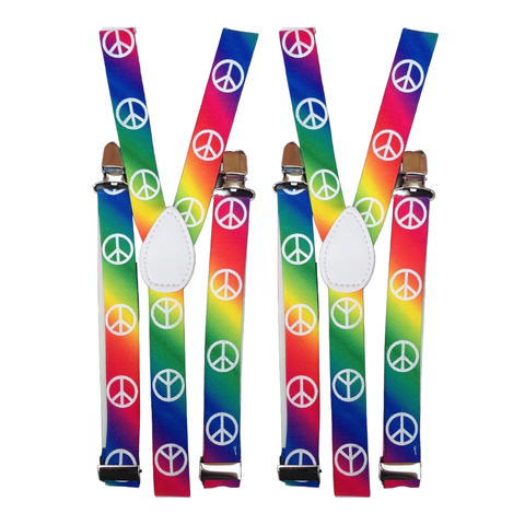 2x Mens Suspenders Braces Adjustable Strong Clip On Elastic Formal Wedding Slim - Rainbow with Peace Symbol