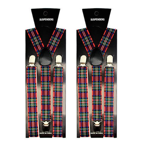 2x Mens Suspenders Braces Adjustable Strong Clip On Elastic Formal Wedding Slim - Tartan 2