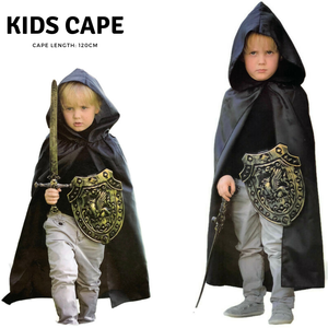 Kids Cape Cloak Hooded Robe Halloween Vampire Witch Wizard 120cm Hood - Black