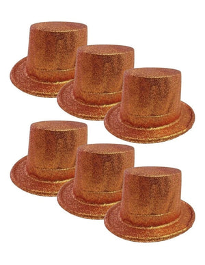 6x GLITTER TOP HAT Fancy Party Plastic Costume Tall Cap Fun Dress Up BULK - Orange - One Size