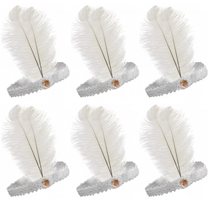 6x 1920s FLAPPER HEADBAND Headpiece Feather Sequin Charleston Costume Party BULK - White