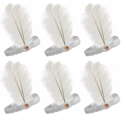 6x 1920s FLAPPER HEADBAND Headpiece Feather Sequin Charleston Costume Party BULK - White