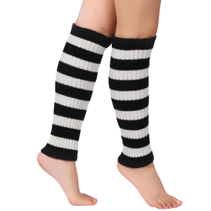 Pair of Womens Leg Warmers Disco Winter Knit Dance Party Crochet Legging Socks Costume - Black/White Stripe