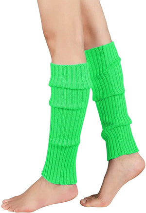 Pair of Womens Leg Warmers Disco Winter Knit Dance Party Crochet Legging Socks Costume - Fluro Green