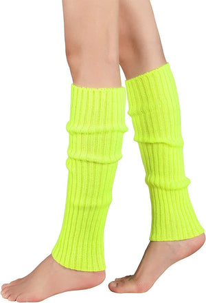 Pair of Womens Leg Warmers Disco Winter Knit Dance Party Crochet Legging Socks Costume - Fluro Yellow