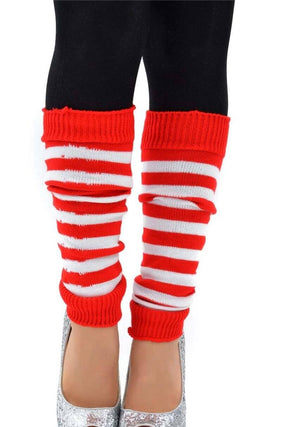 Pair of Womens Leg Warmers Disco Winter Knit Dance Party Crochet Legging Socks Costume - Red/White Stripe