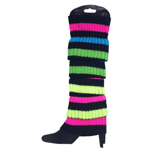 Pair of Womens Leg Warmers Disco Winter Knit Dance Party Crochet Legging Socks Costume - Rainbow with Black Stripe