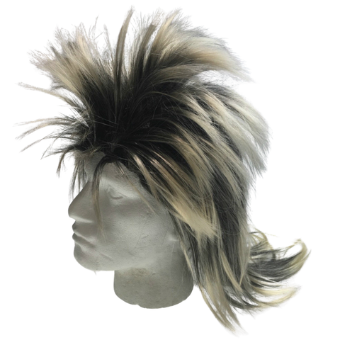 Mens Long SPIKY Wig Rock Punk 80s Fancy Dress Costume Bogan Mullet Spikey - Black/Blonde