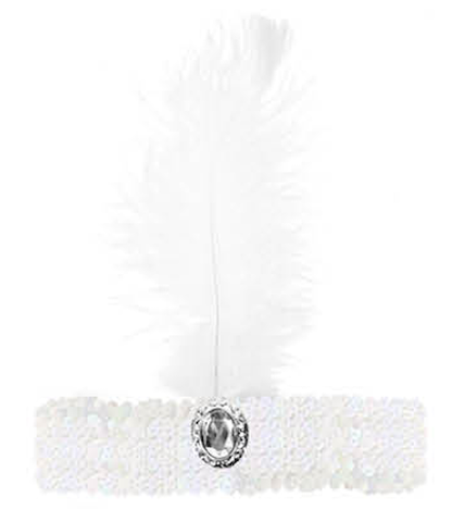 WIDE FLAPPER HEADBAND Feather Sequin Costume Gatsby Charleston Headpiece 1920s - White