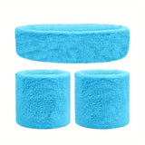 WRISTBAND & HEADBAND SET Tennis Terry Towelling Cotton Sweat Band Team Gym  - Sky Blue