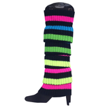 RAINBOW LEG WARMERS High Knitted Womens Neon Party Knit Ankle Socks 80s Dance - Rainbow with Black Stripe