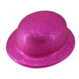 GLITTER BOWLER HAT Fancy Party Plastic Costume Cap Fun Dress Up Sparkle - Hot Pink
