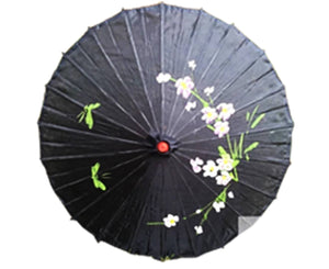 PARASOL UMBRELLA Chinese Japanese Bamboo Flower Pattern Fabric 80cm Diameter - Black