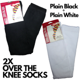 2 Pairs Ladies Over The Knee Socks Plain Black + White High Thigh Long Stockings