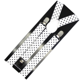 Mens Suspenders Braces Adjustable Strong Clip On Elastic Formal Wedding Slim - White with Black Polka Dot