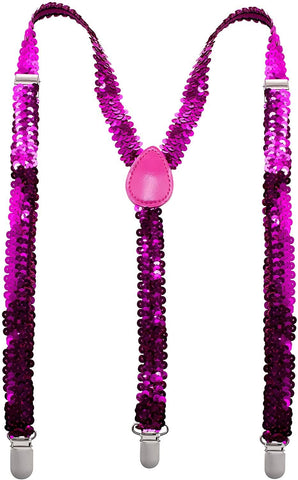 SEQUIN SUSPENDERS Unisex Adjustable Braces Clip On Elastic Y-Back  - Hot Pink