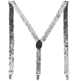 SEQUIN SUSPENDERS Unisex Adjustable Braces Clip On Elastic Y-Back  - Silver