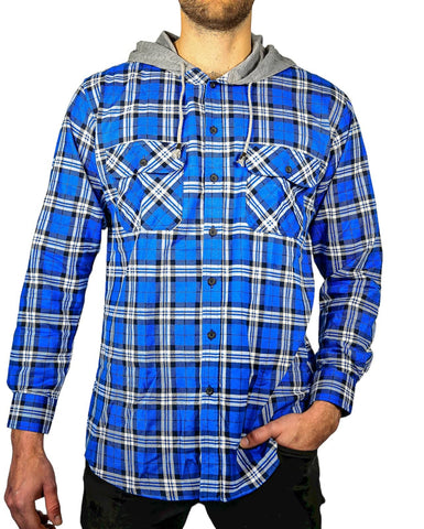 Mens Cotton Flannelette Shirt w Jersey Hood Long Sleeve Flannel - Spanish Blue - 3XL