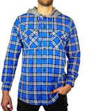 Mens Cotton Flannelette Shirt w Jersey Hood Long Sleeve Flannel - Spanish Blue - M