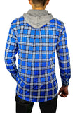 Mens Cotton Flannelette Shirt w Jersey Hood Long Sleeve Flannel - Spanish Blue - M