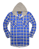 Mens Cotton Flannelette Shirt w Jersey Hood Long Sleeve Flannel - Spanish Blue - M