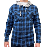 Mens Cotton Flannelette Shirt w Jersey Hood Long Sleeve Flannel - Blue - 2XL