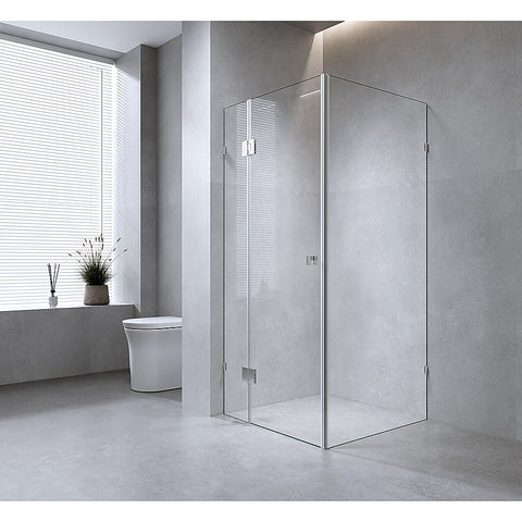 100x70cm Corner Frameless Shower Screen with Black Brackets and SS Hinges, Square Knob Handle