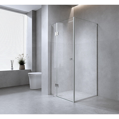 90x90cm Corner Frameless Shower Screen with Black Channel and SS Hinges, Square Knob Handle