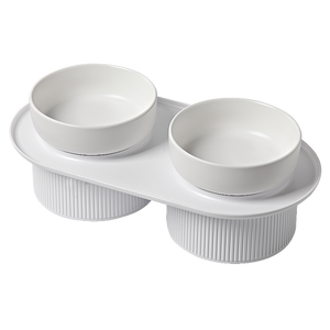 Ribbed Ceramic Double Pet Bowl 3pc Set - White