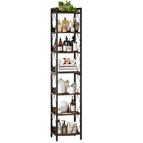 NNETMLT 78.7 Inch Extra Tall 7 Tier Skinny Bookcase, Rustic Brown