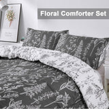 Floral Comforter Set, Queen/King Size, Black White Floral Pattern Reversible Bedding