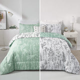 Floral Comforter Set, Queen/King Size, Green White Floral Pattern Reversible Bedding