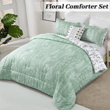 Floral Comforter Set, Queen/King Size, Green White Floral Pattern Reversible Bedding