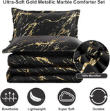 Black Gold Metallic Marble Comforter Set, Queen/King Size, Foil Print Glitter 3-Piece Bedding