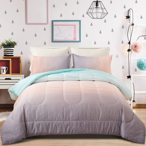 Girls Comforter Set, Queen Size, Ombre Blue Pink Rainbow 3-Piece Bedding Collection