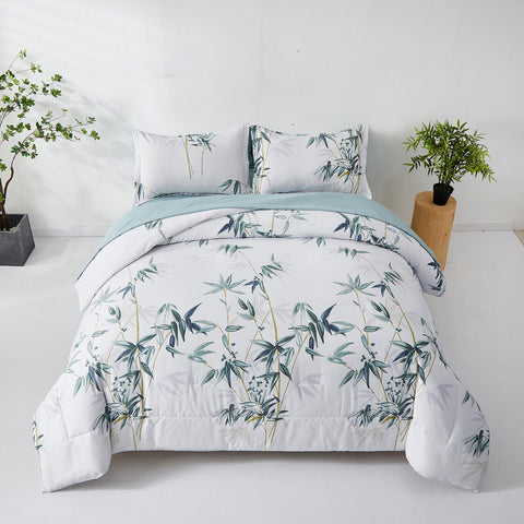 Floral Leaves Comforter Set, Queen/King Size, Quilted Bedding with Pillowcases