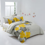 Floral Comforter Set, Queen/King Size, Yellow Floral 3-Piece Bedding, Lightweight Microfiber