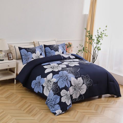 Queen/King Comforter Set, Navy Blue Floral 3-Piece Bedding, Soft Microfiber for All Seasons