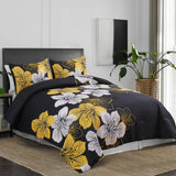 Queen/King Comforter Set, Black/Gold Floral 3-Piece Bedding, Soft Microfiber for All Seasons