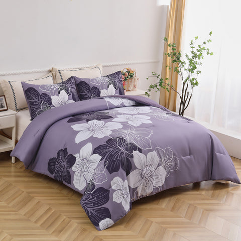 Queen/King Comforter Set, Dark Purple Floral 3-Piece Bedding, Soft Microfiber for All Seasons