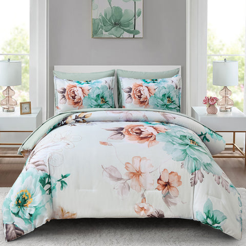 Warm Floral Comforter Set, Queen/King Size, Cozy Quilted Bedding with Pillowcases