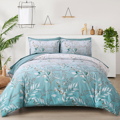 Soft Floral Leaf Comforter Set, Queen/King Size, Quilted Cozy Bedding with Pillowcases