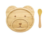 Bamboo Kid Child Baby Plate Bowl & Silicon Suction Cap Base & Spoon - Teddy Bear