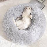 Calming Donut Pet Bed -Soft Faux Fur, Anti-Anxiety Fluffy Round Bed for Cats and Small Dogs (Wine Red)50cm