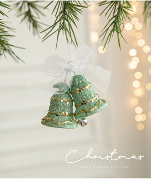 Green Glitter Christmas Bell Ornaments with White Bow - Hanging Holiday Decoration 5 pieces