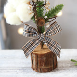 Mini Rustic Christmas Tree Decoration – 9.84 Inches Tall with Cotton and Plaid Bow Accents (4 trees)